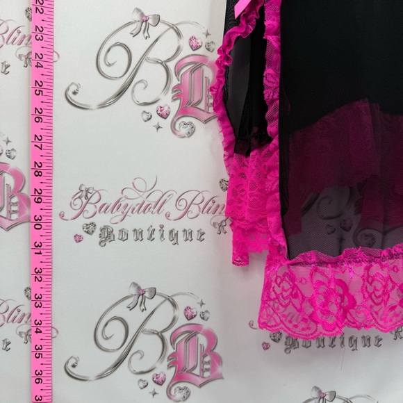 B delicious mini dress Sheer Black Chemise with Pink Lace Trim Elegant Nightwear - Picture 3 of 15